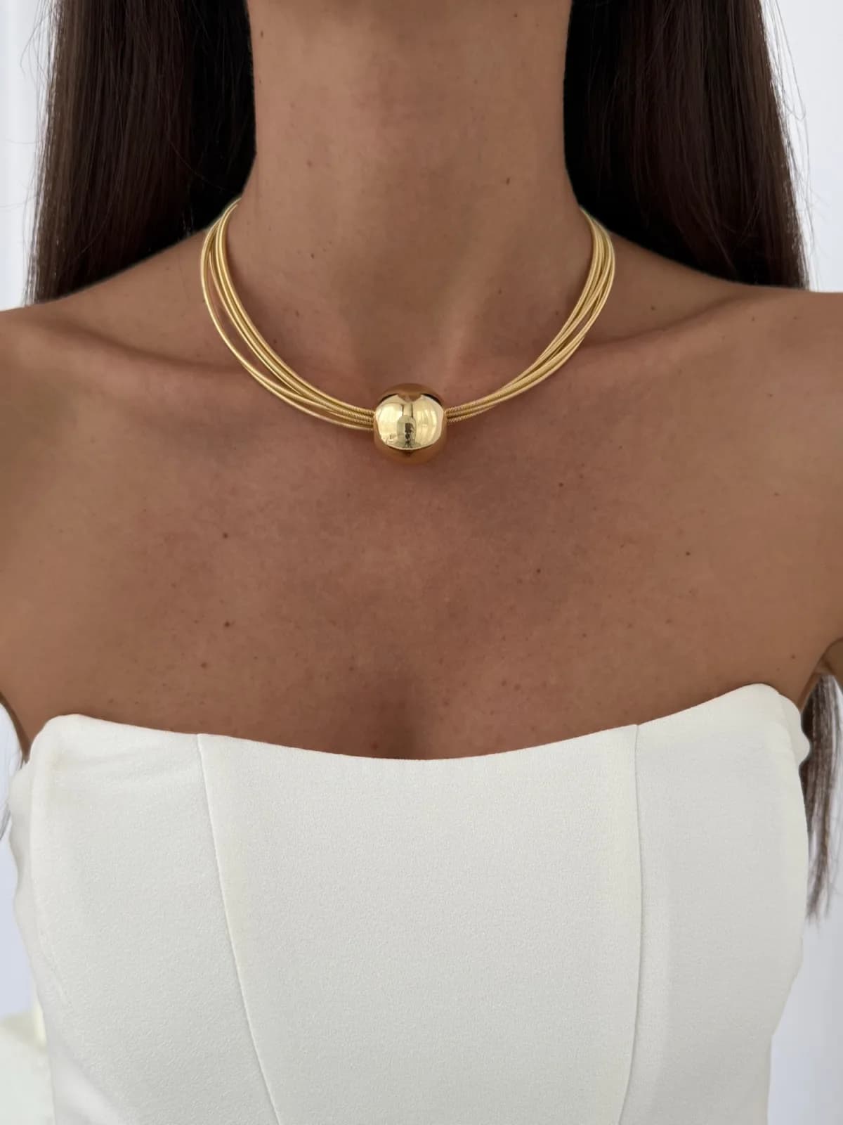 Özel Seri Tel Tasarım Top Detay Gold Choker Kolye